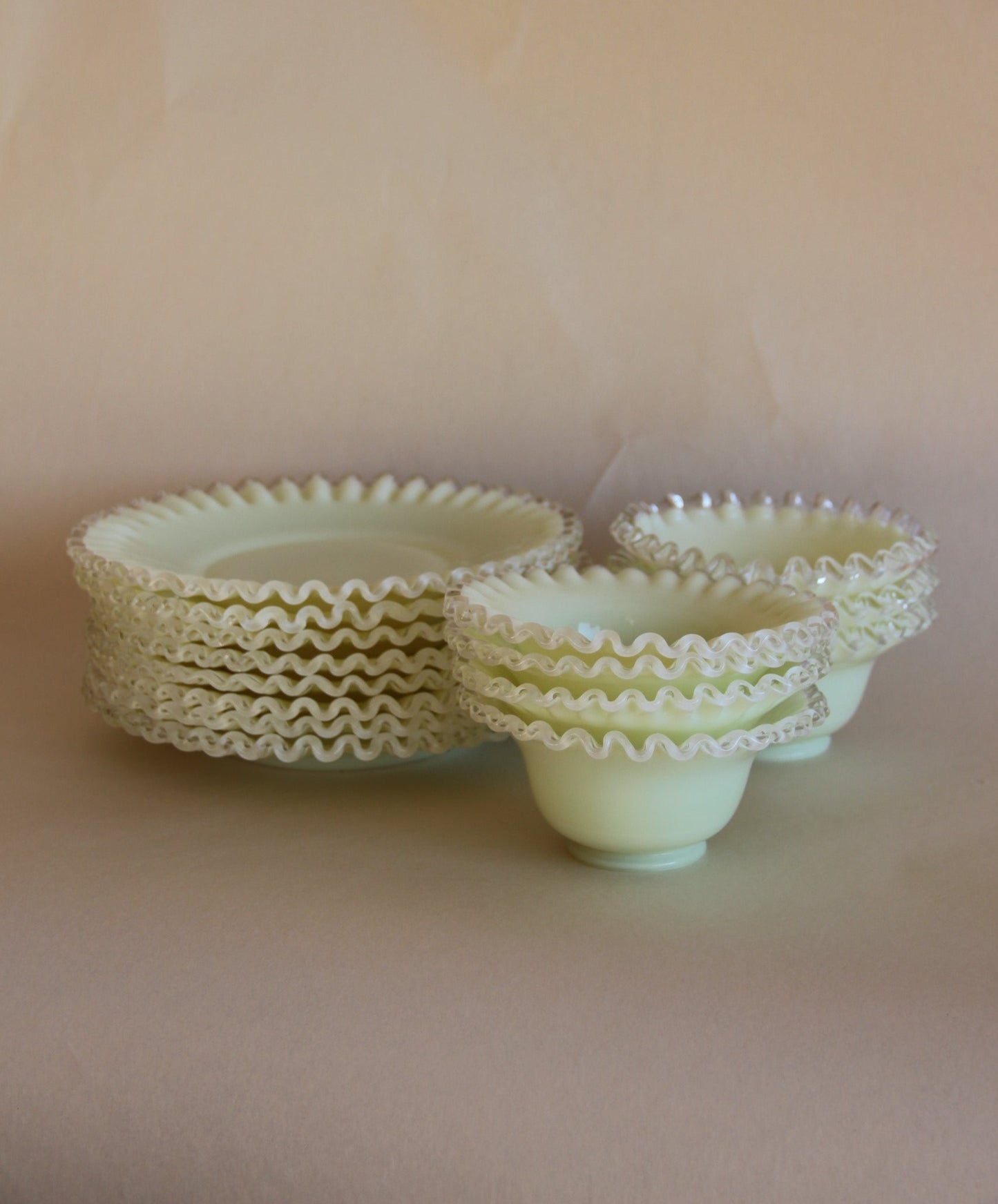 Set of Fenton Glass Silver Crest Opalescent Yellow Milk Glass Plates and Bowls