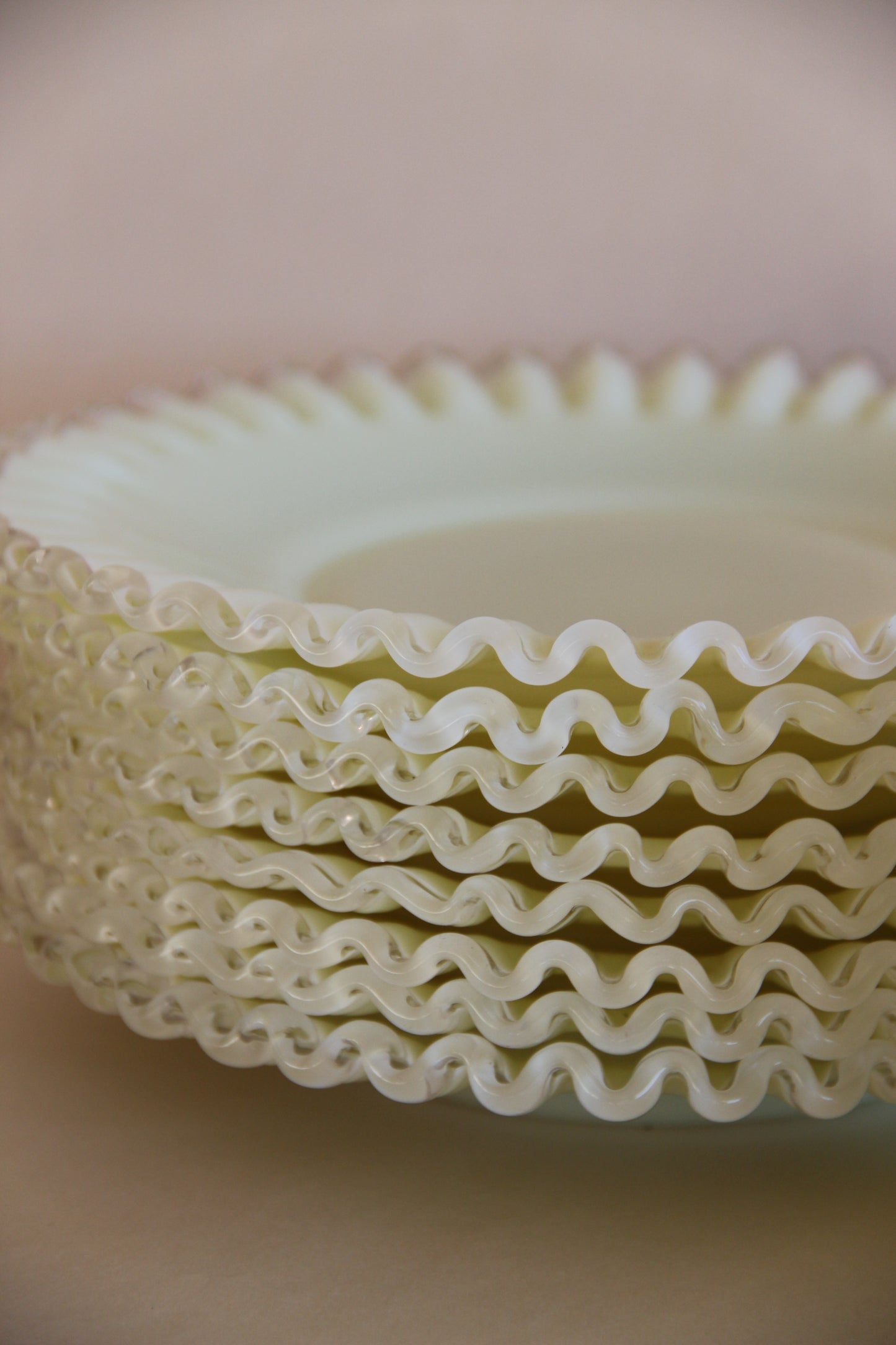 Set of Fenton Glass Silver Crest Opalescent Yellow Milk Glass Plates and Bowls