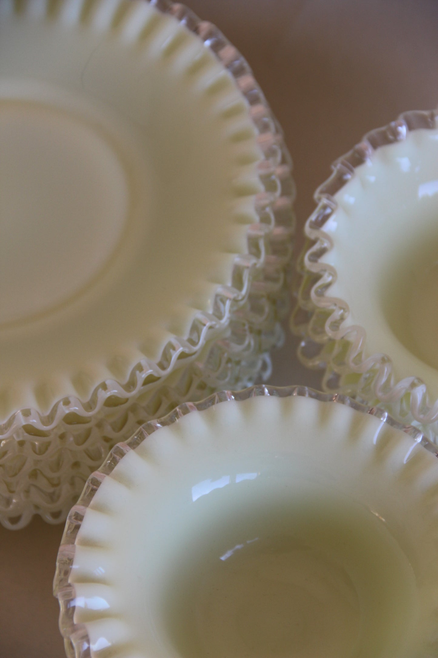 Set of Fenton Glass Silver Crest Opalescent Yellow Milk Glass Plates and Bowls
