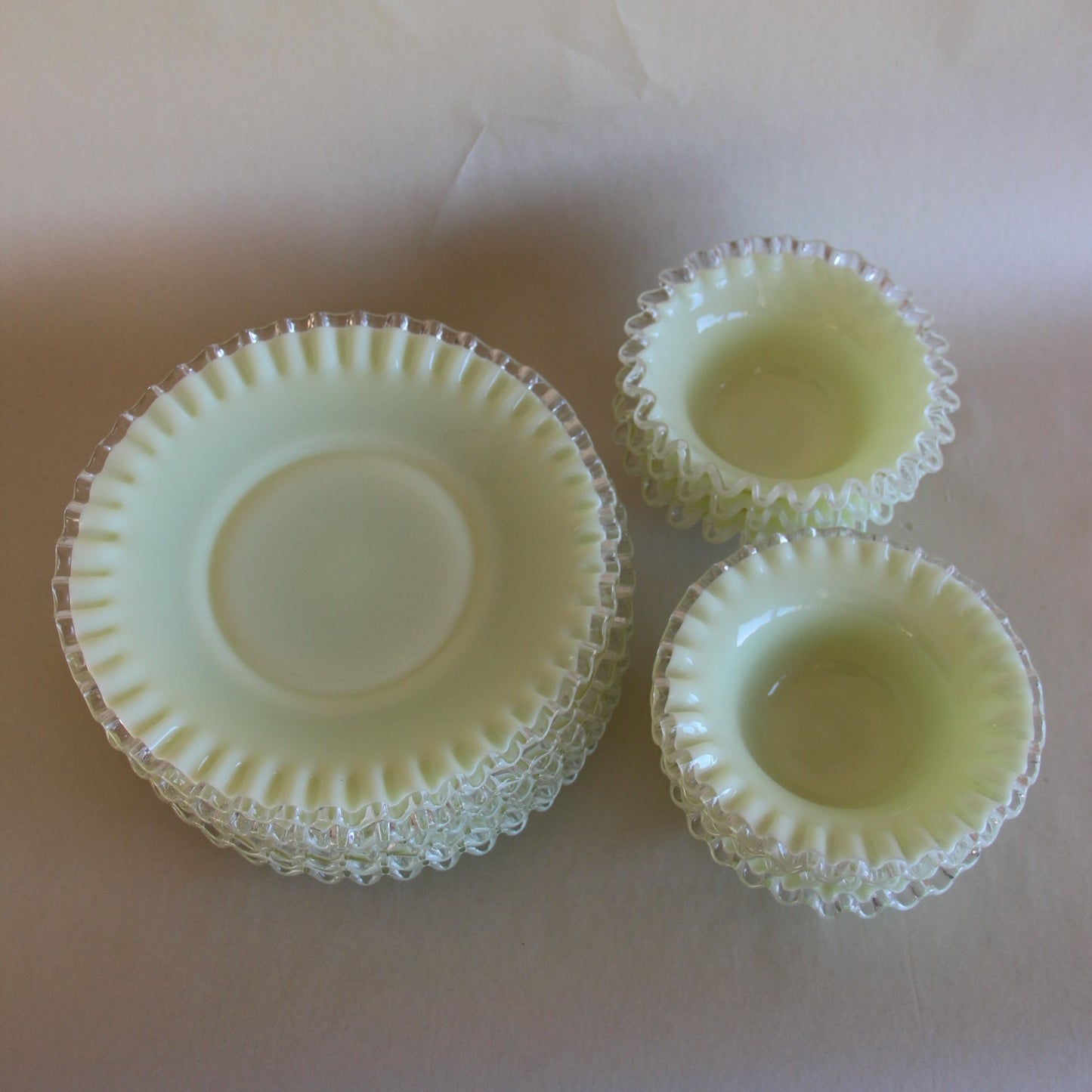 Set of Fenton Glass Silver Crest Opalescent Yellow Milk Glass Plates and Bowls