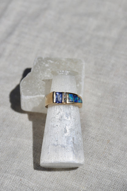 Tanzanite, Diamond and Opal Doublet Ring - 14k Gold
