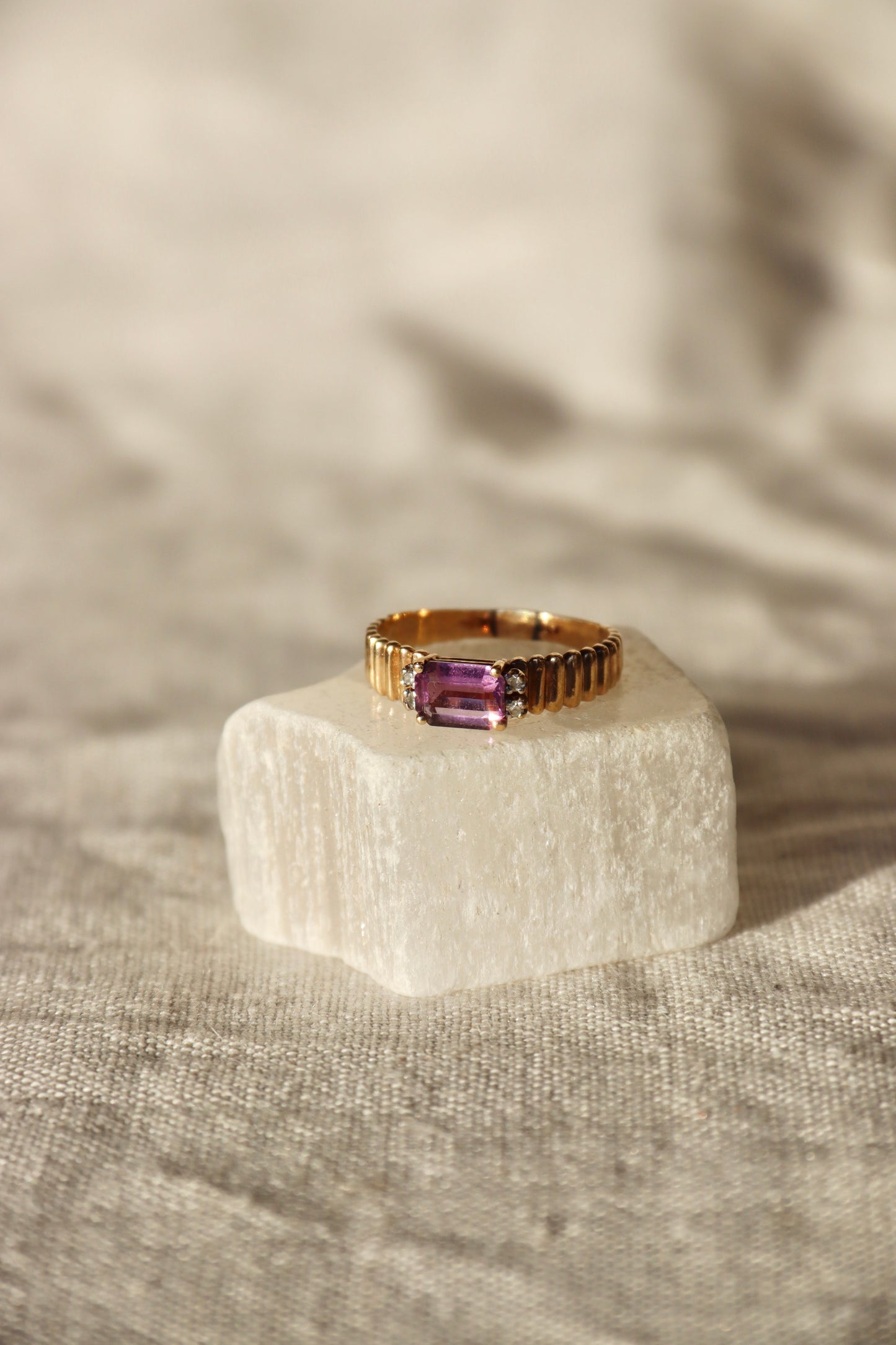 Amethyst and Diamond Ring with Fluted Shoulders -10K