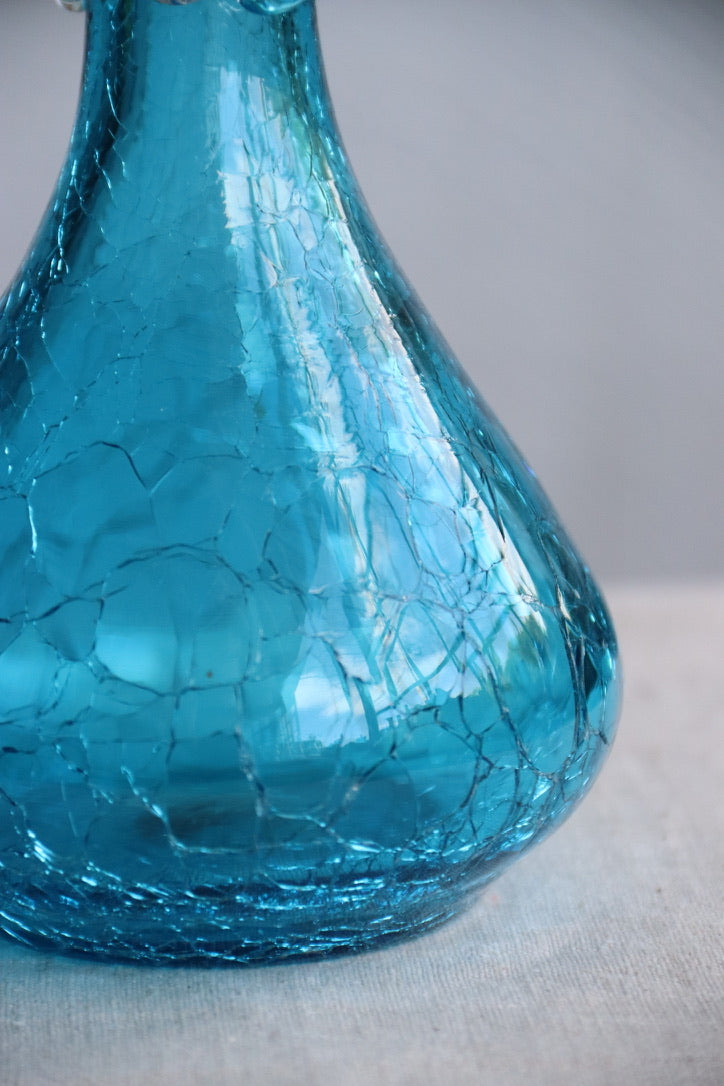 Crackle bright blue hand blown vase