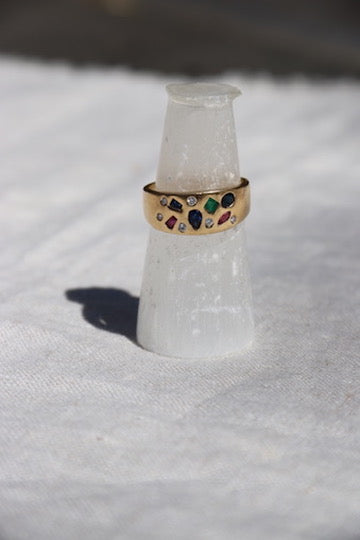 Flush Set Ruby, Sapphire, Emerald and Diamond Ring -14K