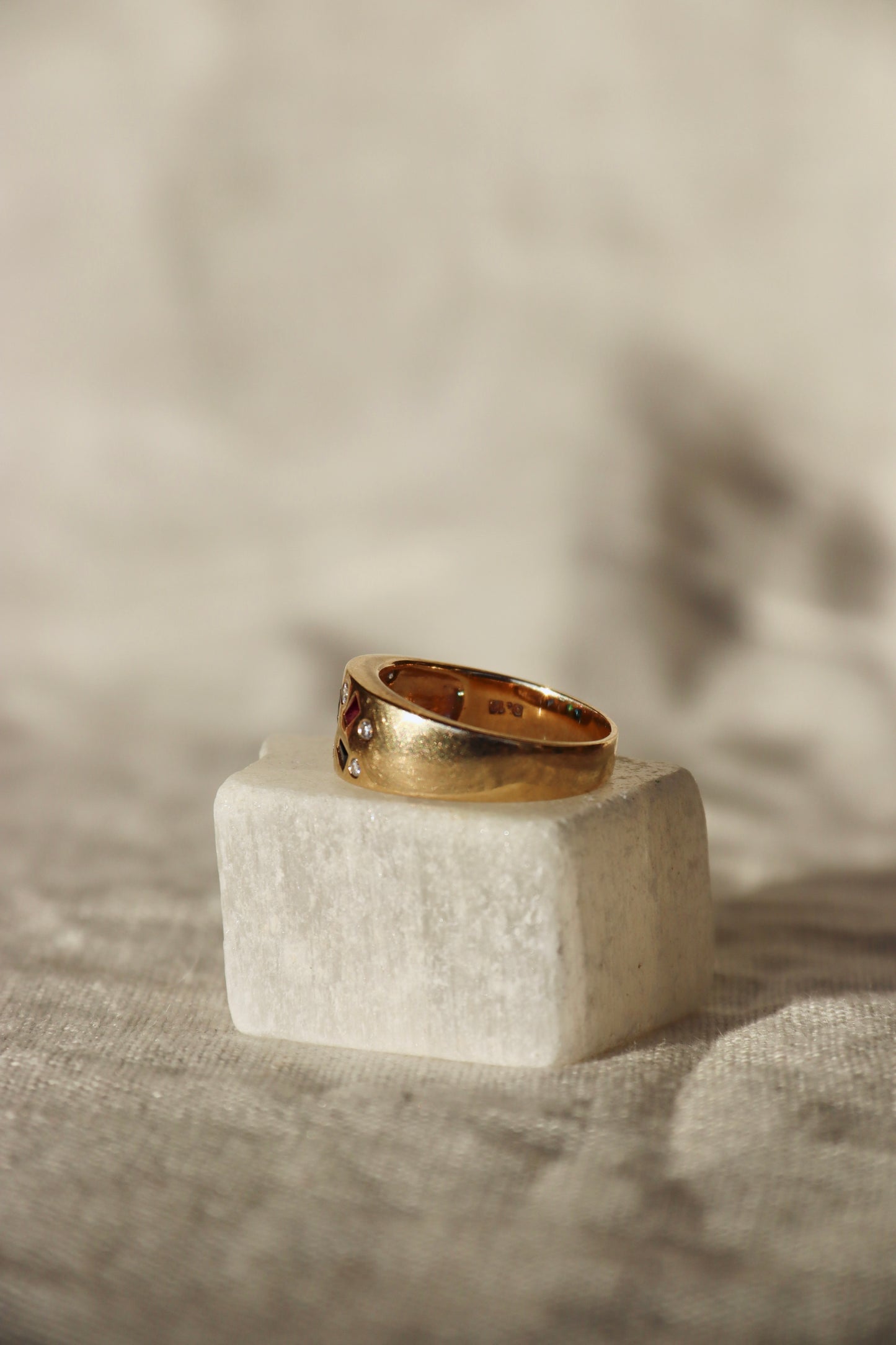 Flush Set Ruby, Sapphire, Emerald and Diamond Ring -14K