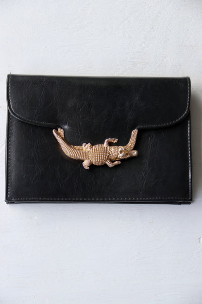 Vintage 90s Sasha Black Clutch with Alligator Clasp