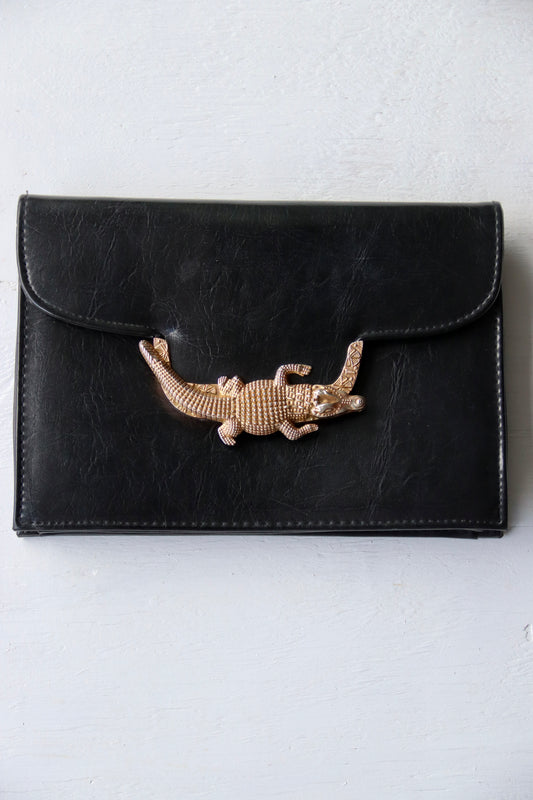 Vintage 90s Sasha Black Clutch with Alligator Clasp