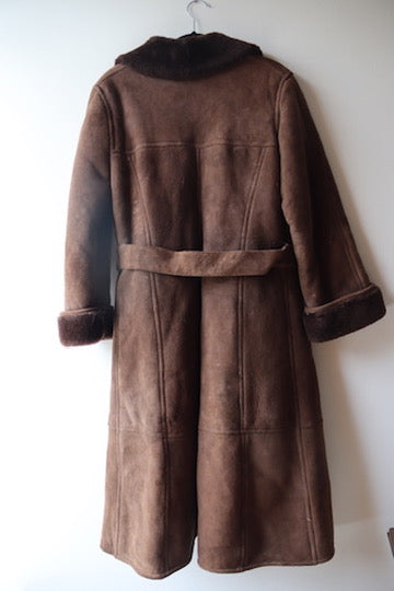 Vintage Brown Shearling Suede Leather Trench Coat