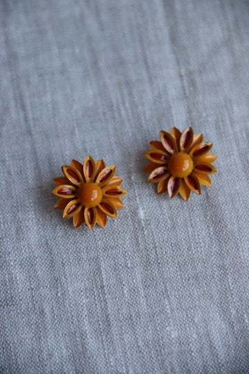 Orange Flower Clip On Earrings