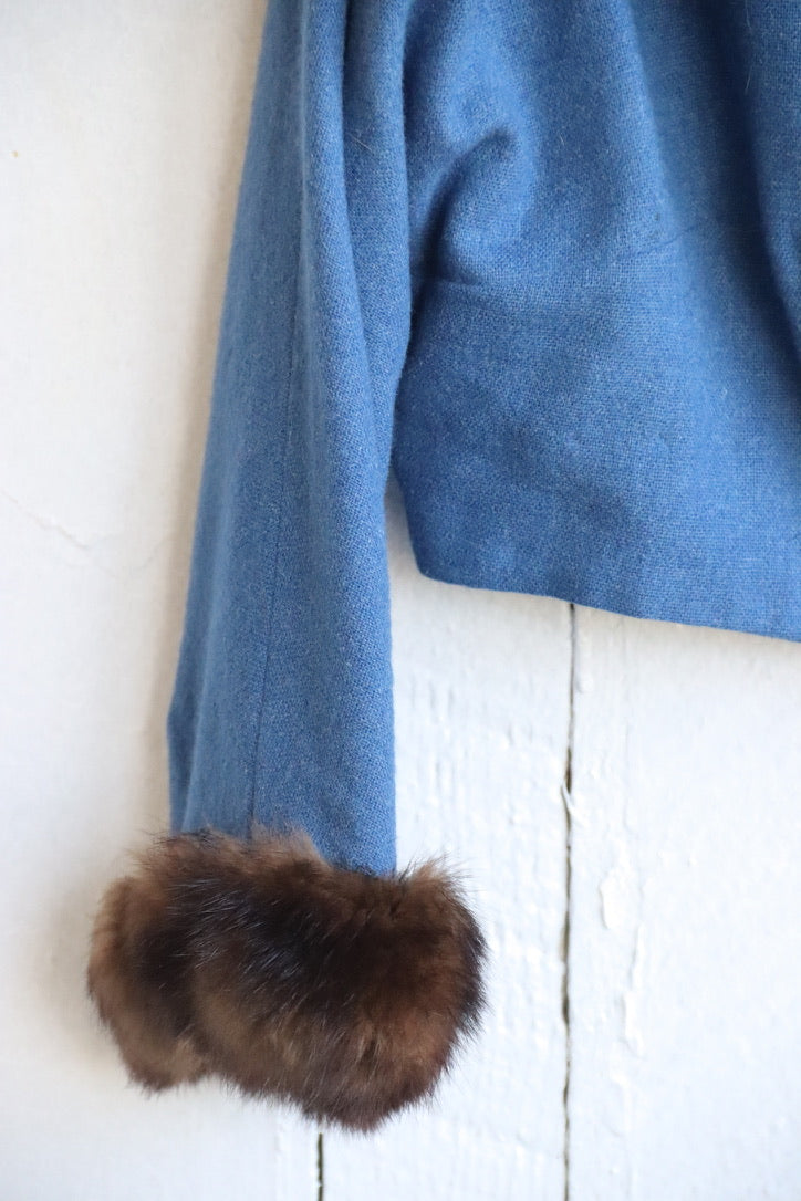 Vintage Cropped Blue Wool Jacket with Sable Fur Trim