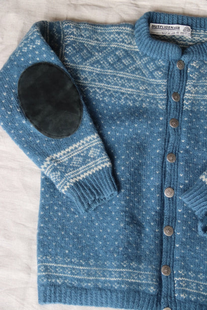 Vintage Blue Norwegian Wool Button Up Sweater with Leather Elbow Patches