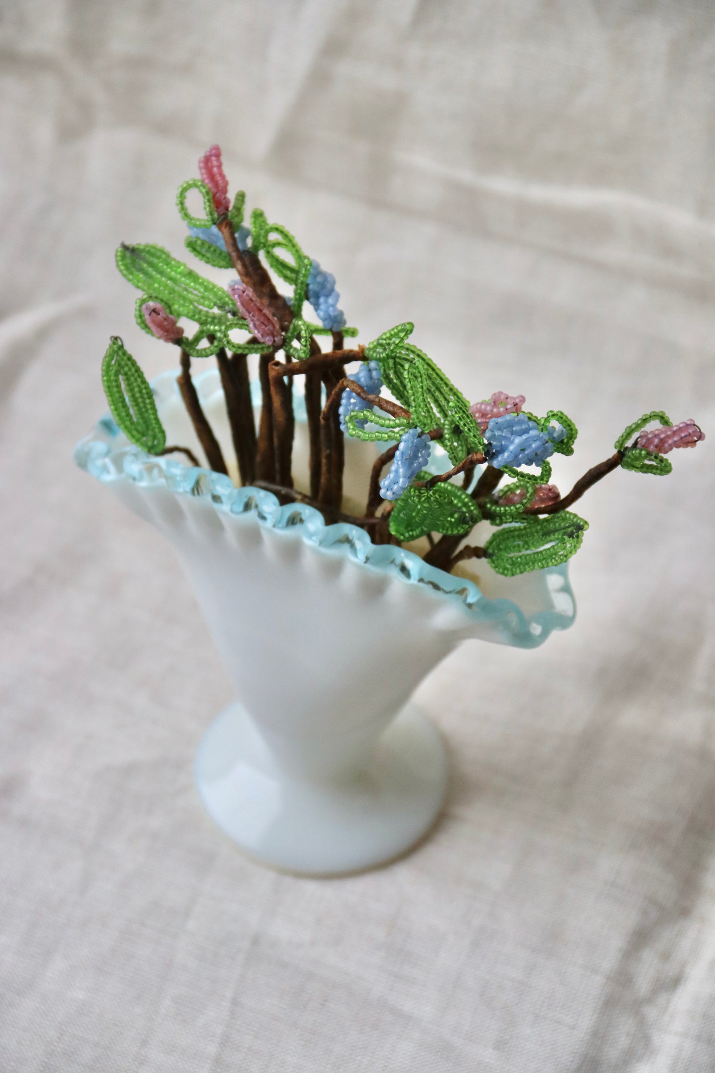 Fenton "Aqua Crest" Milk Glass Fan Vase with Flowers