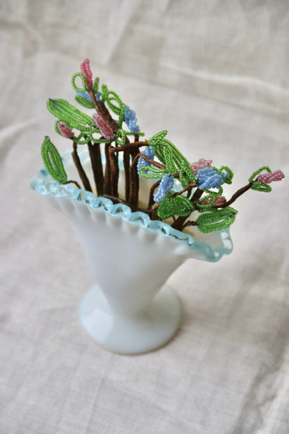 Fenton "Aqua Crest" Milk Glass Fan Vase with Flowers