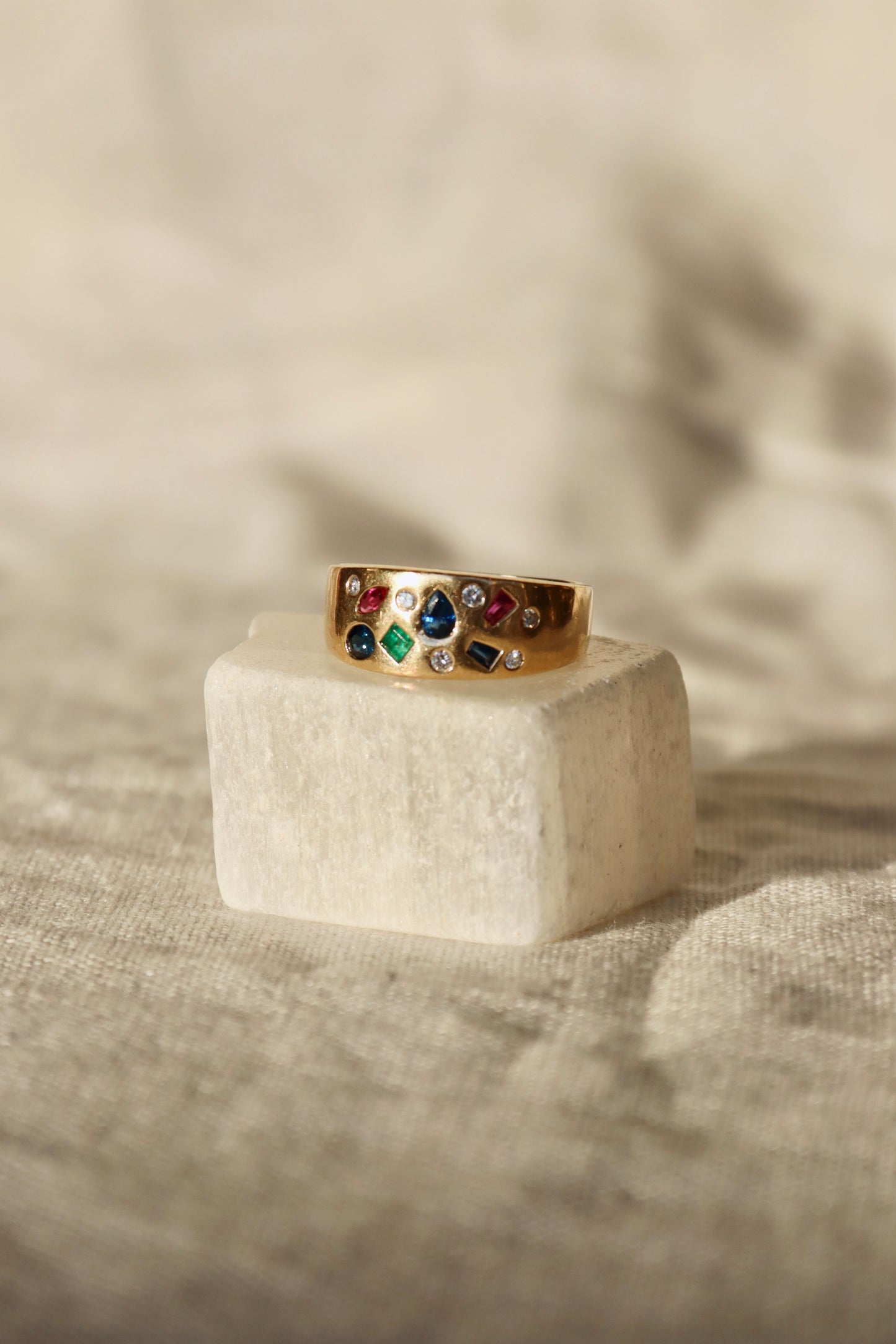 Flush Set Ruby, Sapphire, Emerald and Diamond Ring -14K