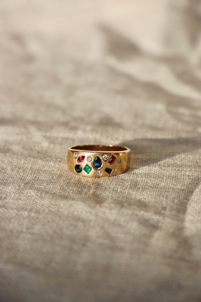 Flush Set Ruby, Sapphire, Emerald and Diamond Ring -14K