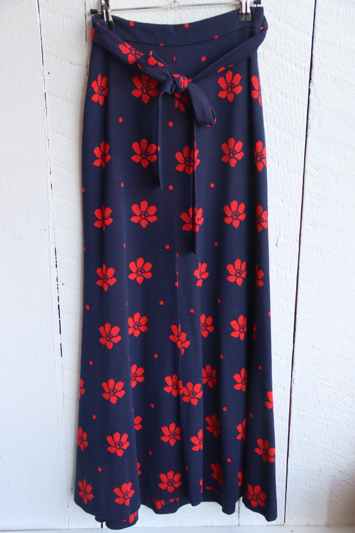 Vintage 1970s Navy Blue and Red Floral Maxi Skirt