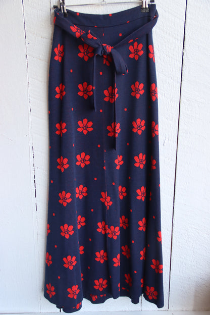 Vintage 1970s Navy Blue and Red Floral Maxi Skirt