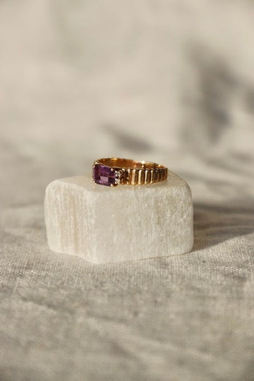 Amethyst and Diamond Ring with Fluted Shoulders -10K