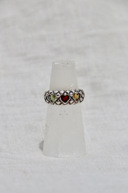 Sterling Silver Garnet, Peridot and Citrine Triple Heart Ring