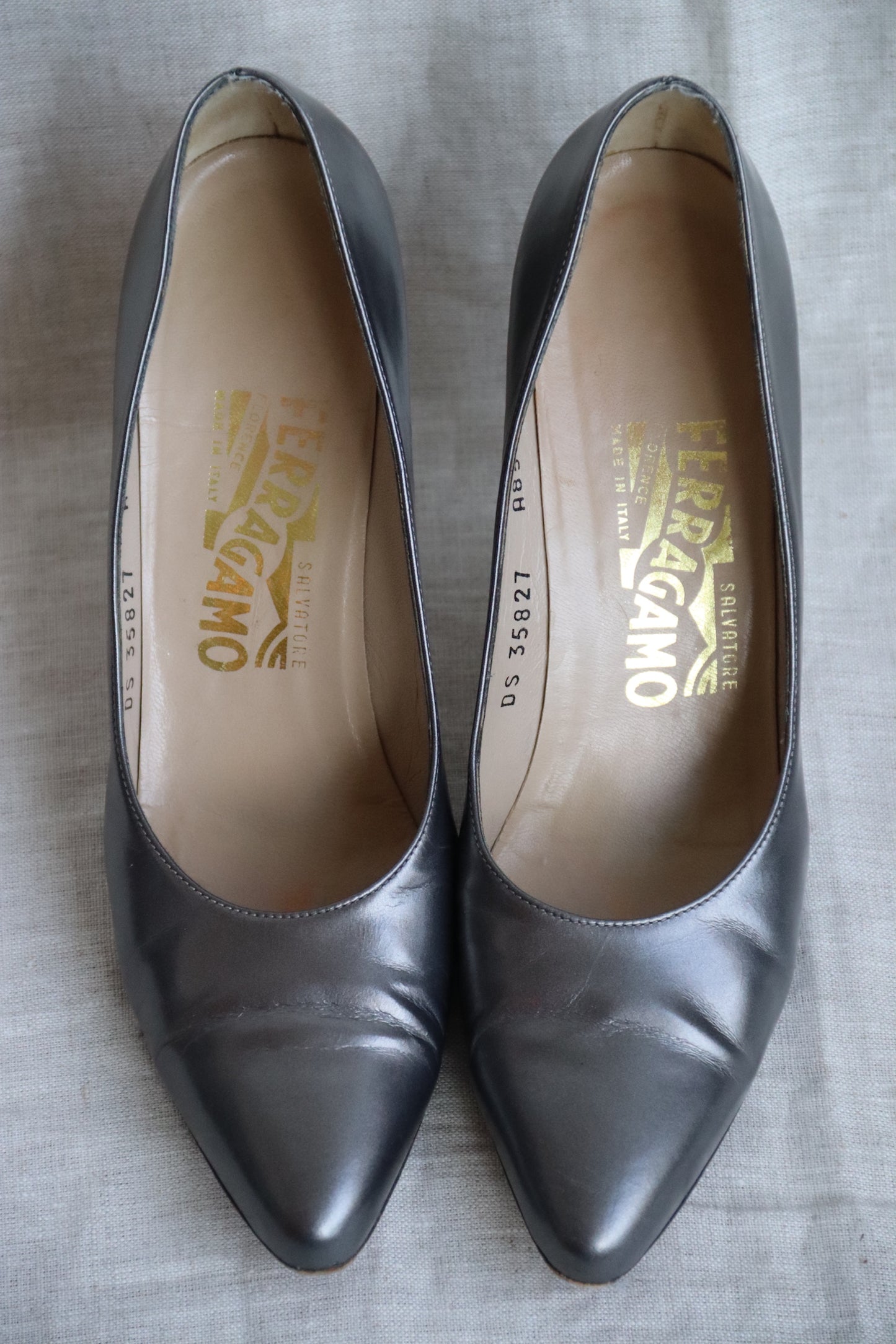 Ferragamo Silver Grey Patent Heels