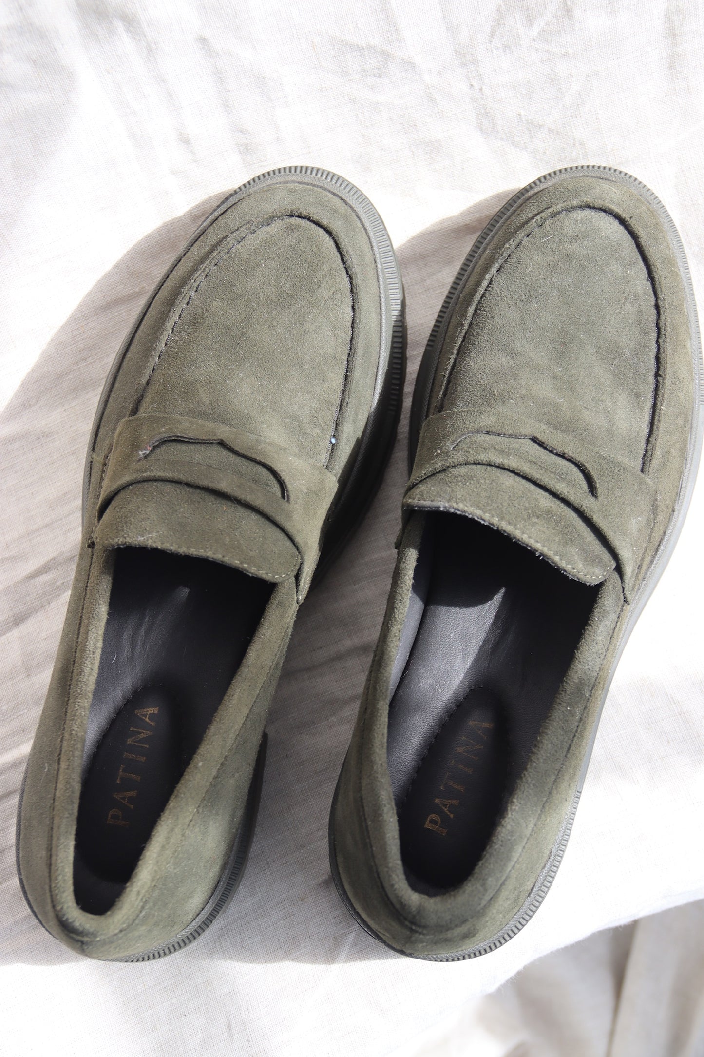 Patina Green Suede Loafers
