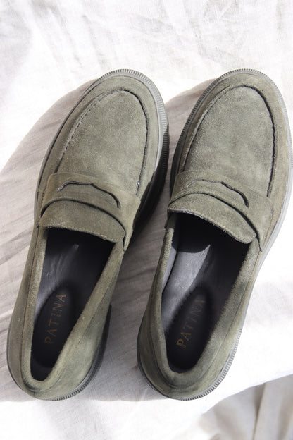 Patina Green Suede Loafers