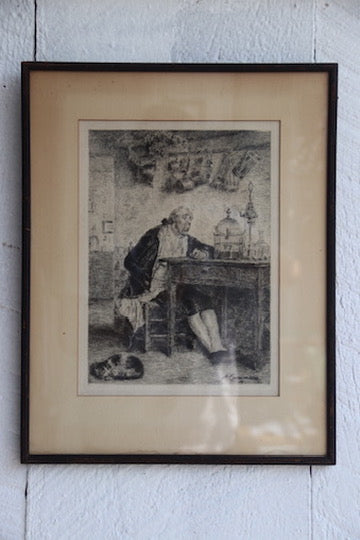 Vintage Framed Black and White Drawing of Man with Cat