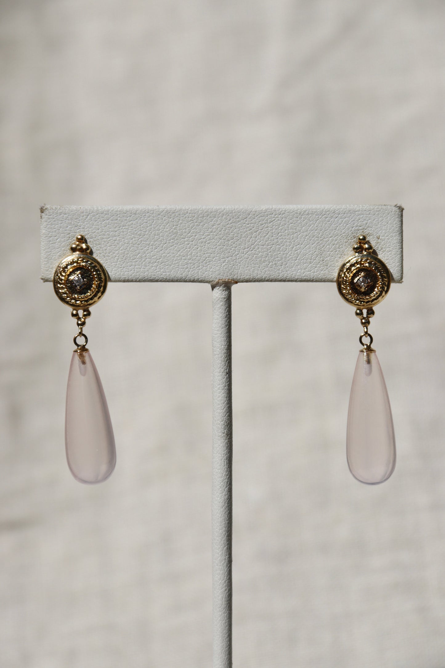 Rose Quartz and Diamond Earrings - 14K Yellow Gold
