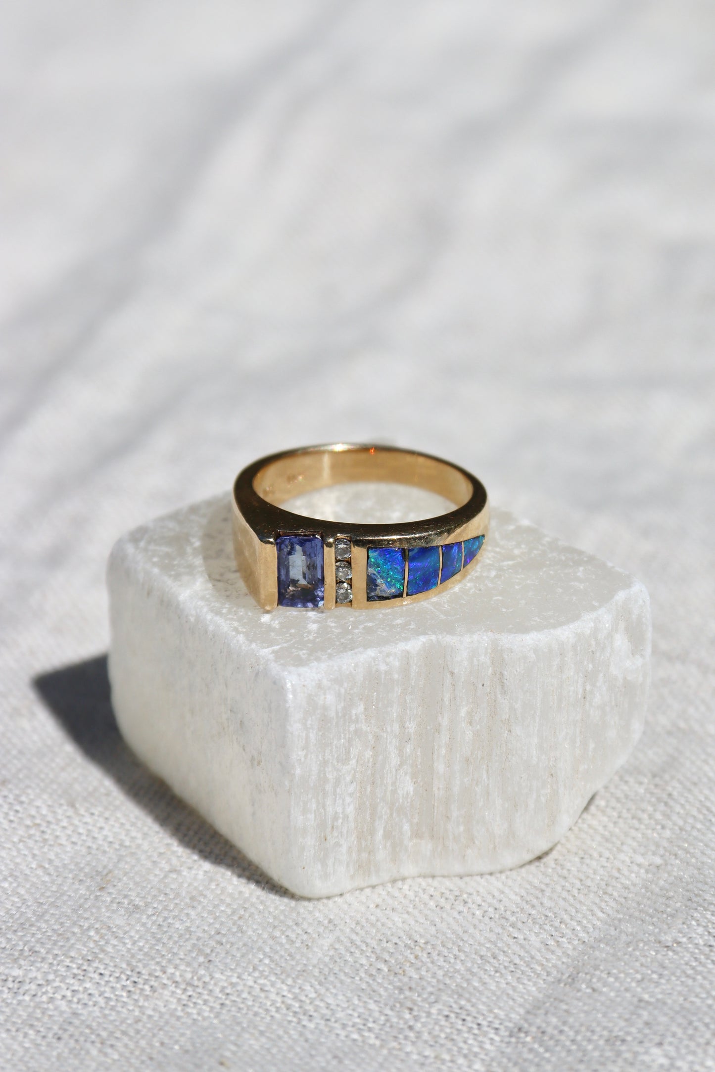 Tanzanite, Diamond and Opal Doublet Ring - 14k Gold