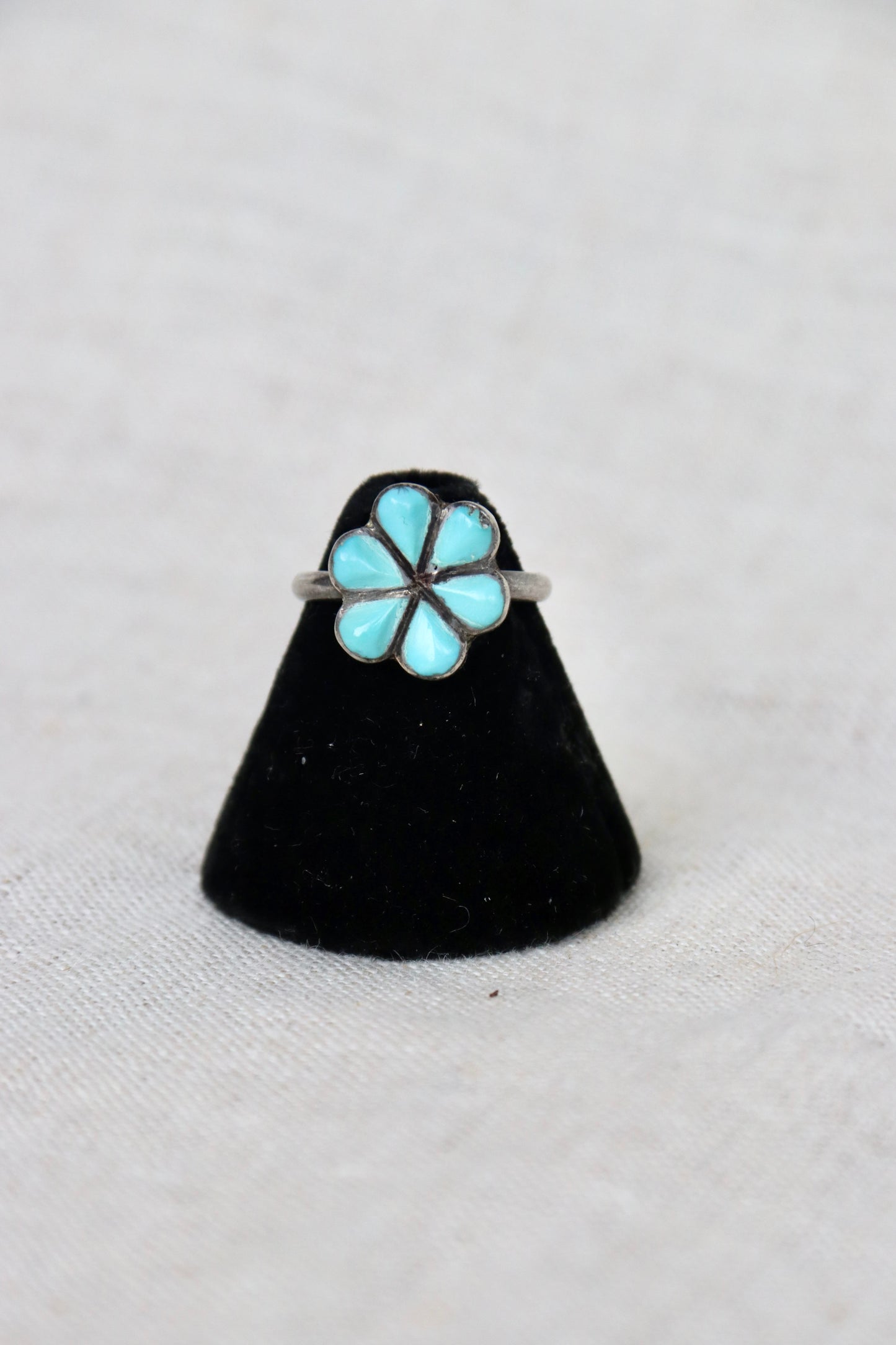 Sterling Silver zuni six-petal flower ring with turquoise inlay