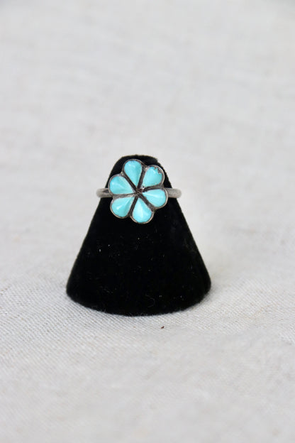 Sterling Silver zuni six-petal flower ring with turquoise inlay