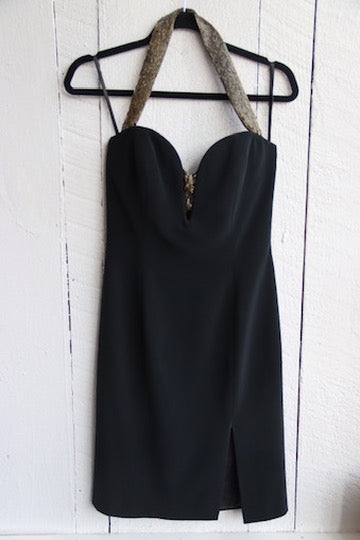 cache black and gold dress Cache Vintage Black, Tan & Gold Metallic Leopard Print V-Neck Sheath Dress Sz 6