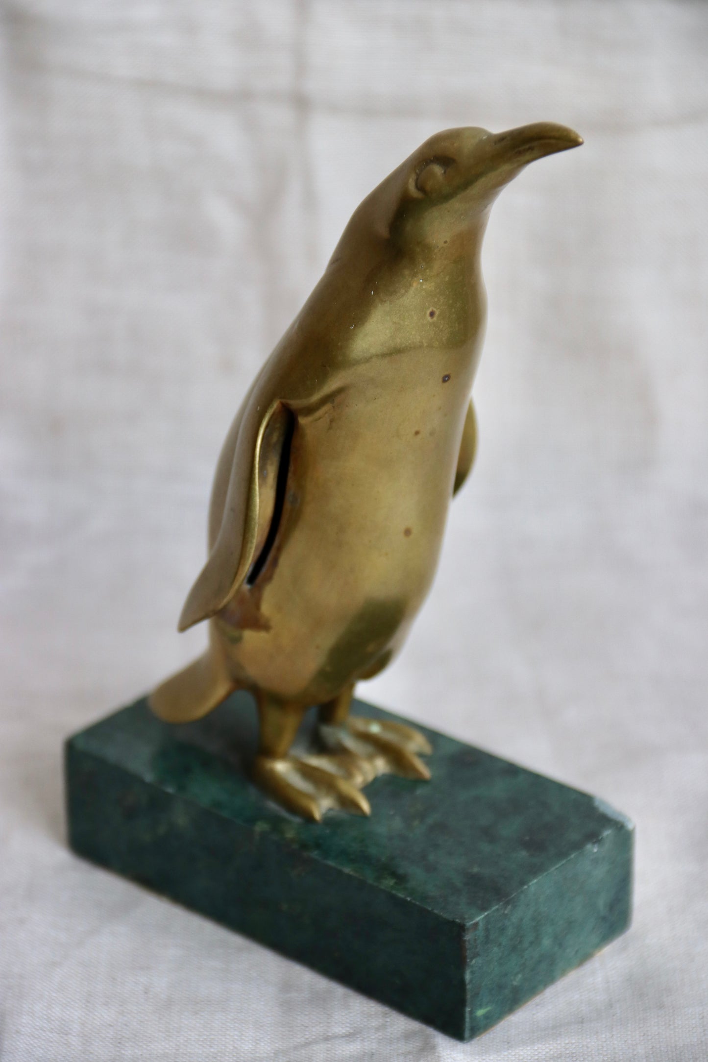 Brass and Green Stone Penguin Sculpture - as is