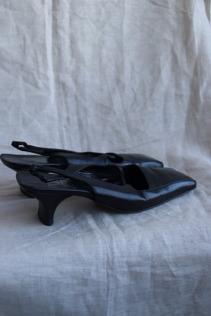 Nancy Geitz Black Square Toe Slingback Heels