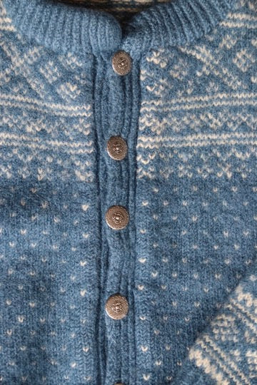 Vintage Blue Norwegian Wool Button Up Sweater with Leather Elbow Patches