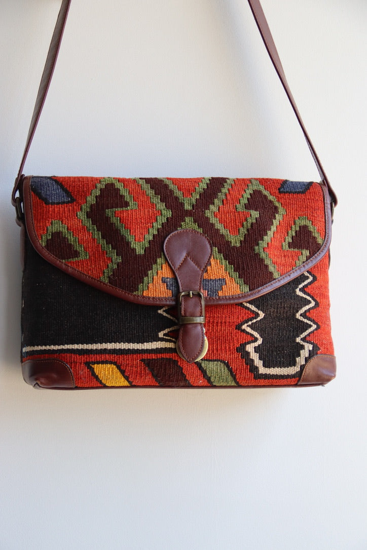 Vintage Yun Art Turkish Kilim and Leather Shoulder Bag