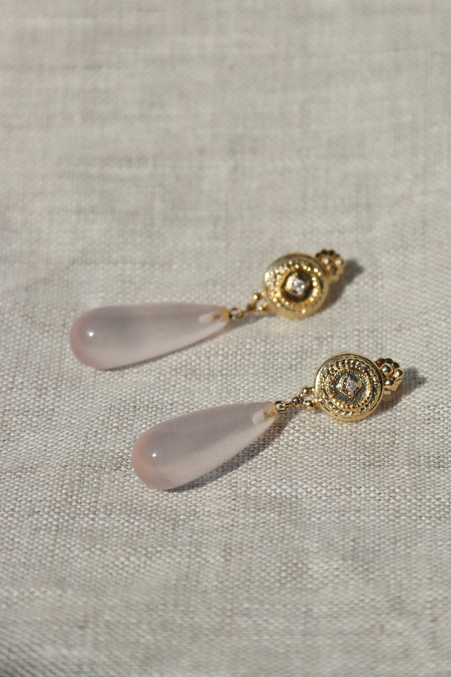 Rose Quartz and Diamond Earrings - 14K Yellow Gold