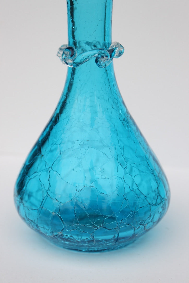 Crackle bright blue hand blown vase