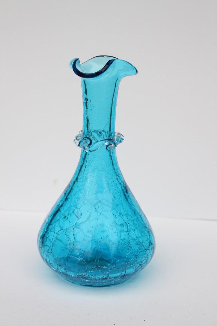 Crackle bright blue hand blown vase