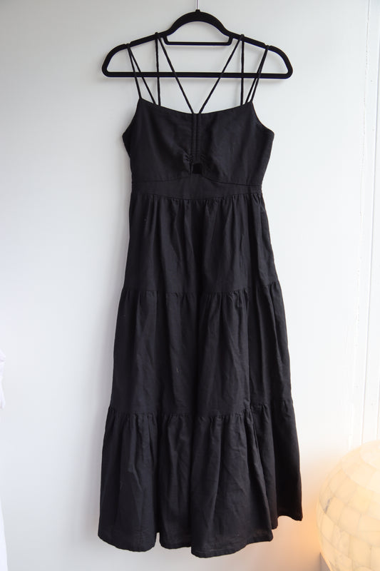 Elf Made By Hand "Rafaela" Strappy Linen Midi Black Dress