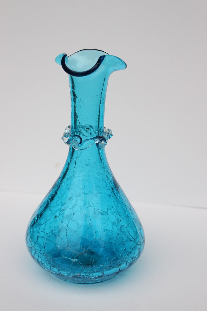 Crackle bright blue hand blown vase