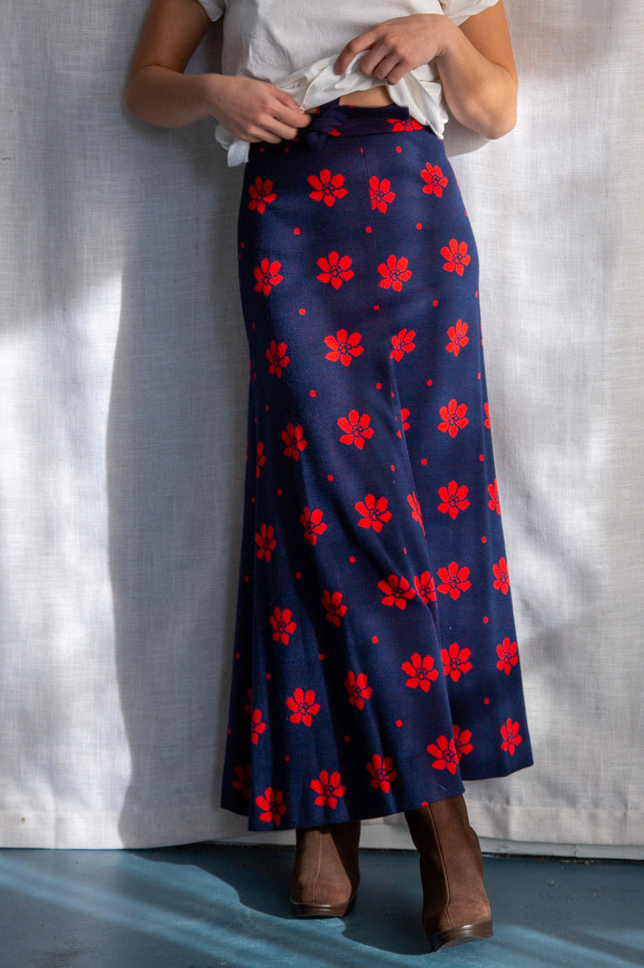 Vintage 1970s Vicky Vaughn Navy Blue and Red Floral Maxi Skirt