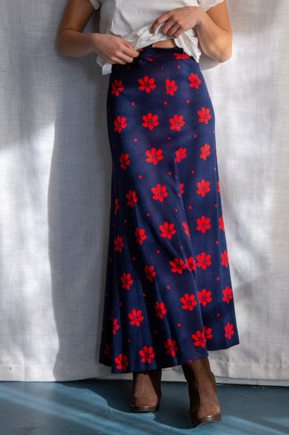 Vintage 1970s Vicky Vaughn Navy Blue and Red Floral Maxi Skirt