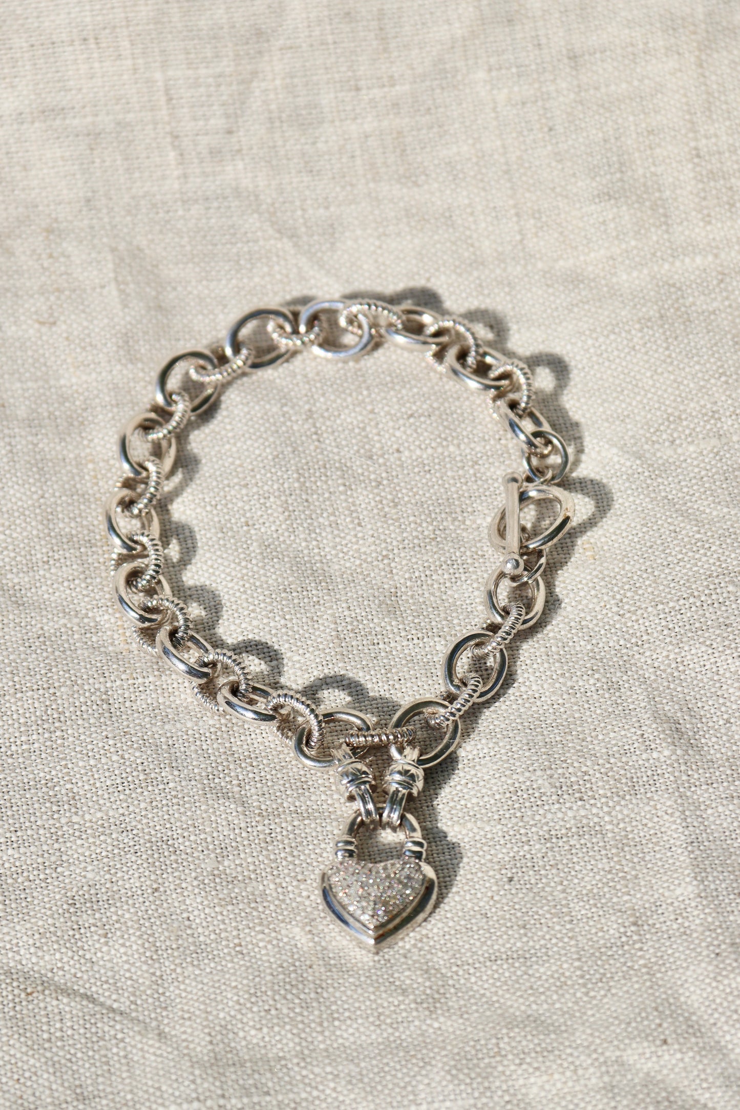 Sterling Silver Diamond Heart Charm Toggle Bracelet