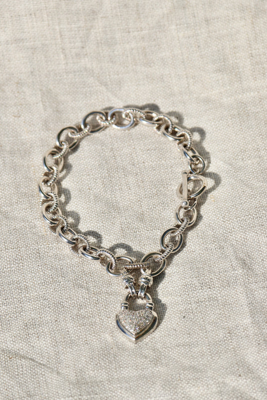 Sterling Silver Diamond Heart Charm Toggle Bracelet