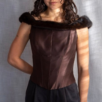 Vintage Chetta B 100% Silk Brown Corset with Mink Fur Trim