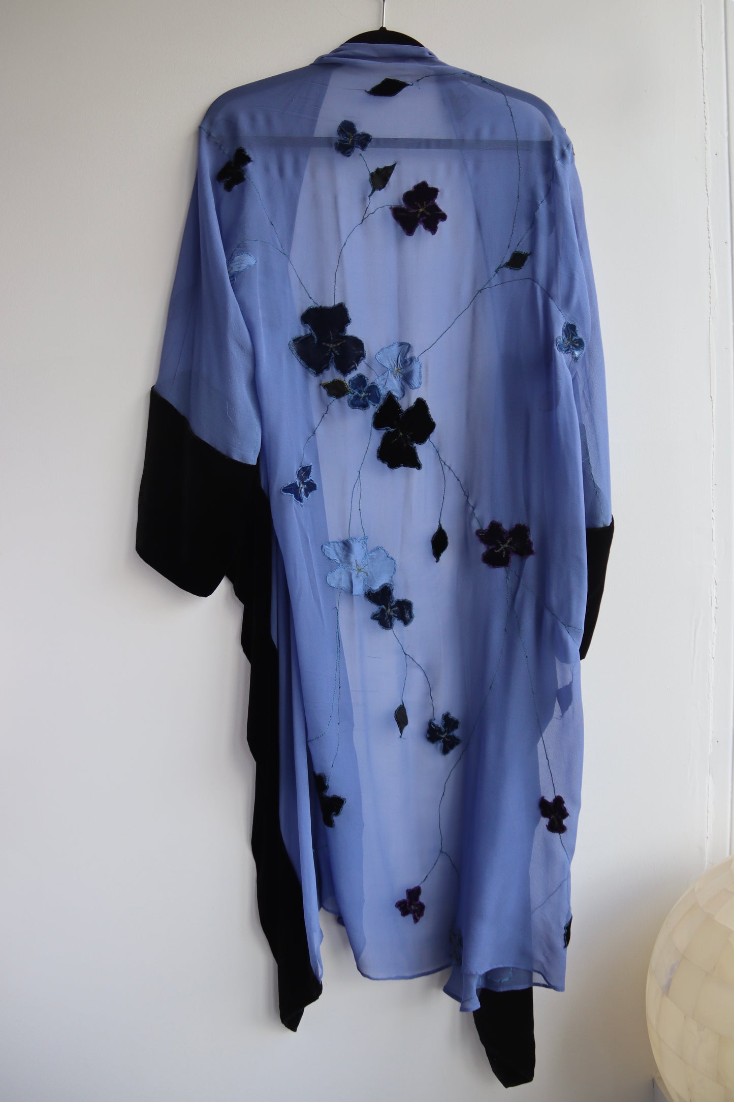 Vintage Blue Silk and Black Velvet Shawl