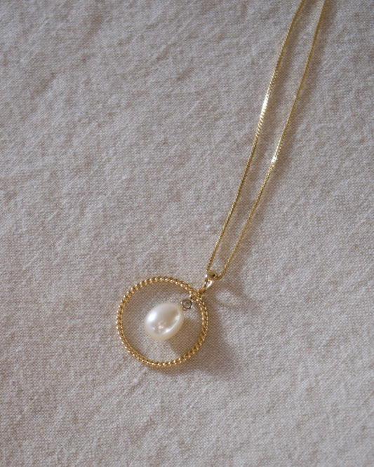 Pearl and Diamond Circle Drop Pendant on Sterling Chain Necklace - 10K