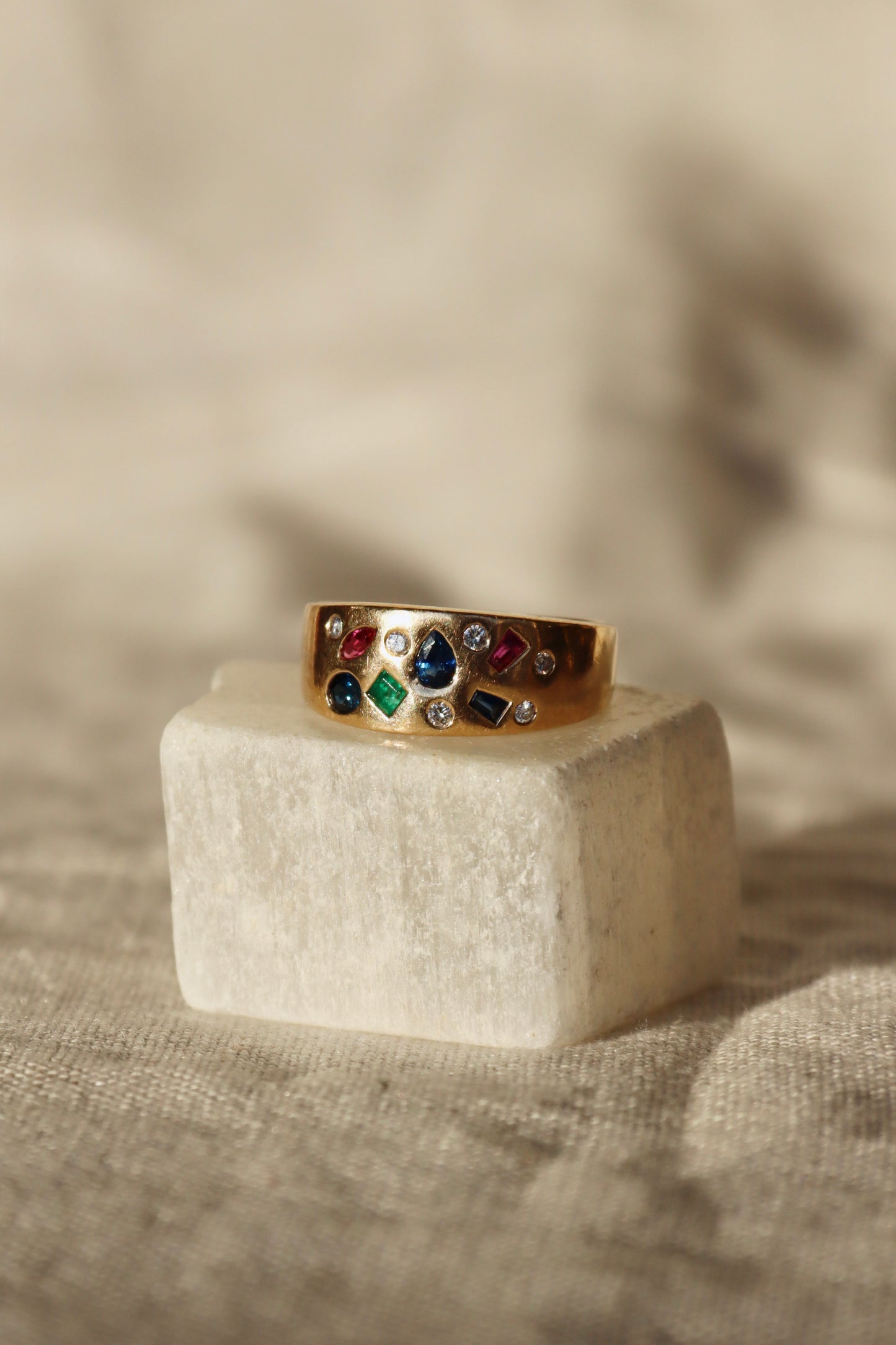Flush Set Ruby, Sapphire, Emerald and Diamond Ring -14K