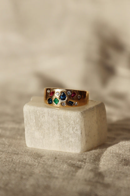 Flush Set Ruby, Sapphire, Emerald and Diamond Ring -14K
